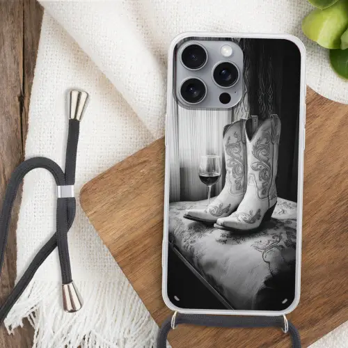 Wijn - Cowboylaarzen - Raamlicht - Wit Hoesje iPhone 16 Pro Max met koord klein -sfeer4