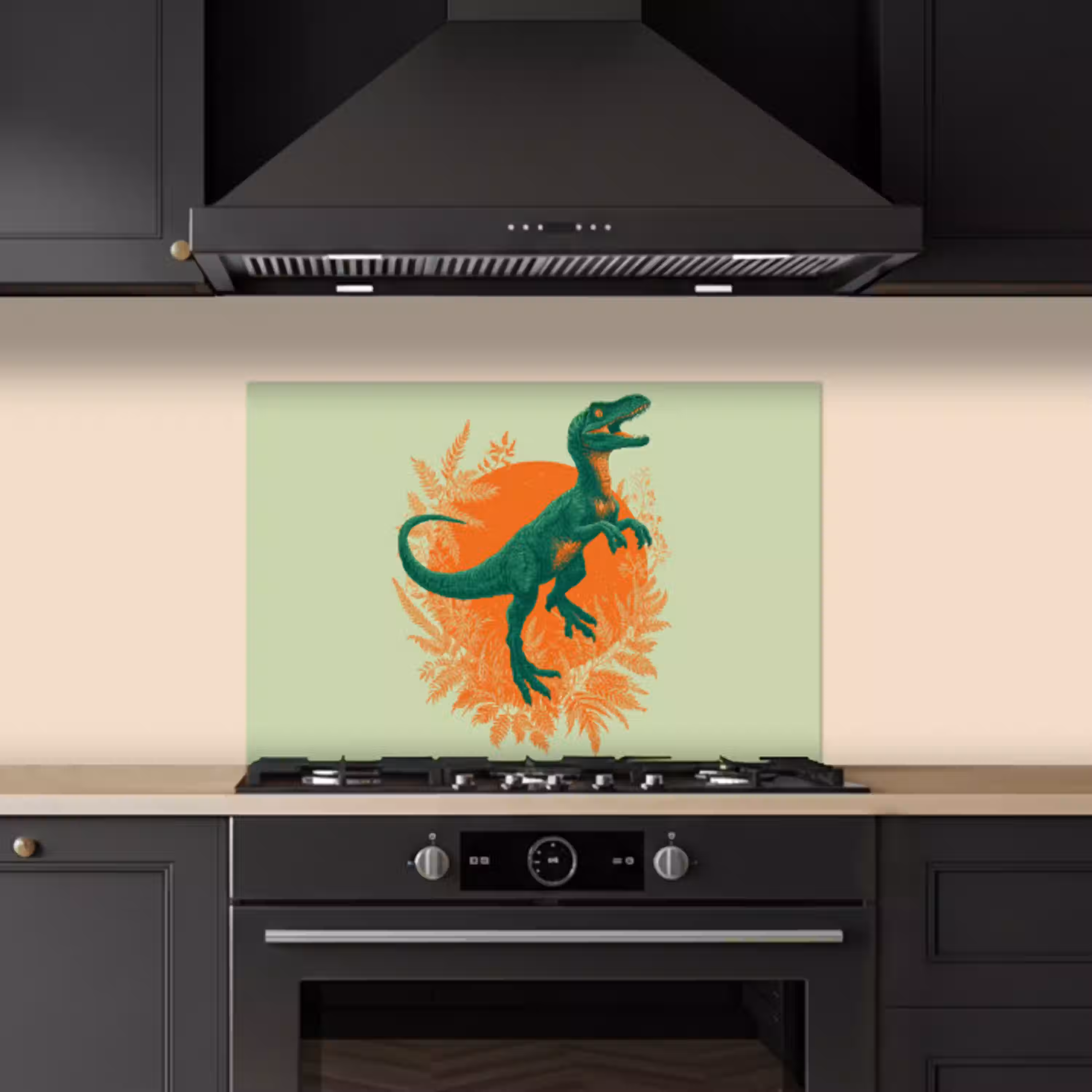 Dinosaurus - Groen - Planten - Cirkel keuken achterwand spatscherm klein -sfeer1