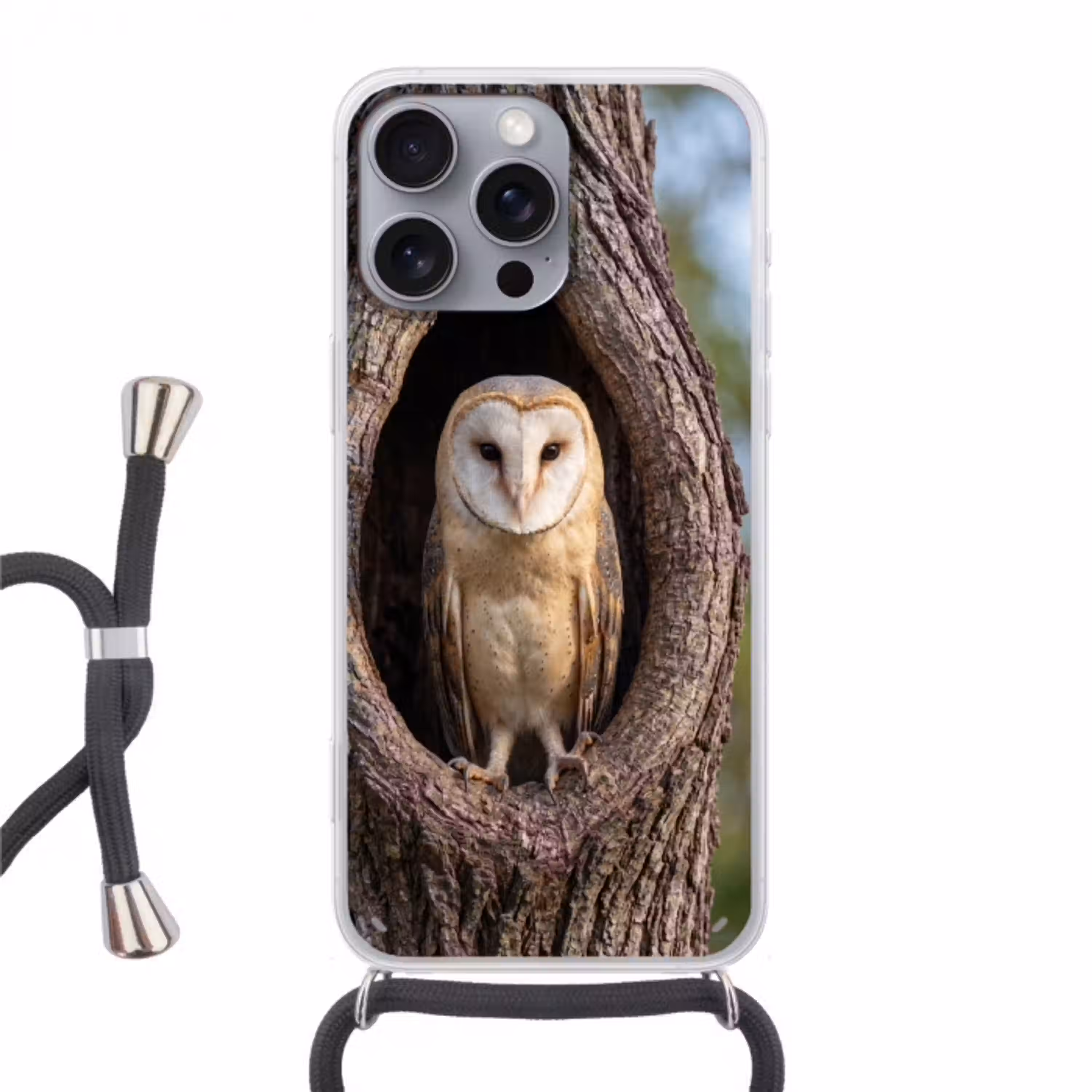 Kerkuil - Boom - Natuur - Bruin Hoesje iPhone 16 Pro Max met koord klein -3d
