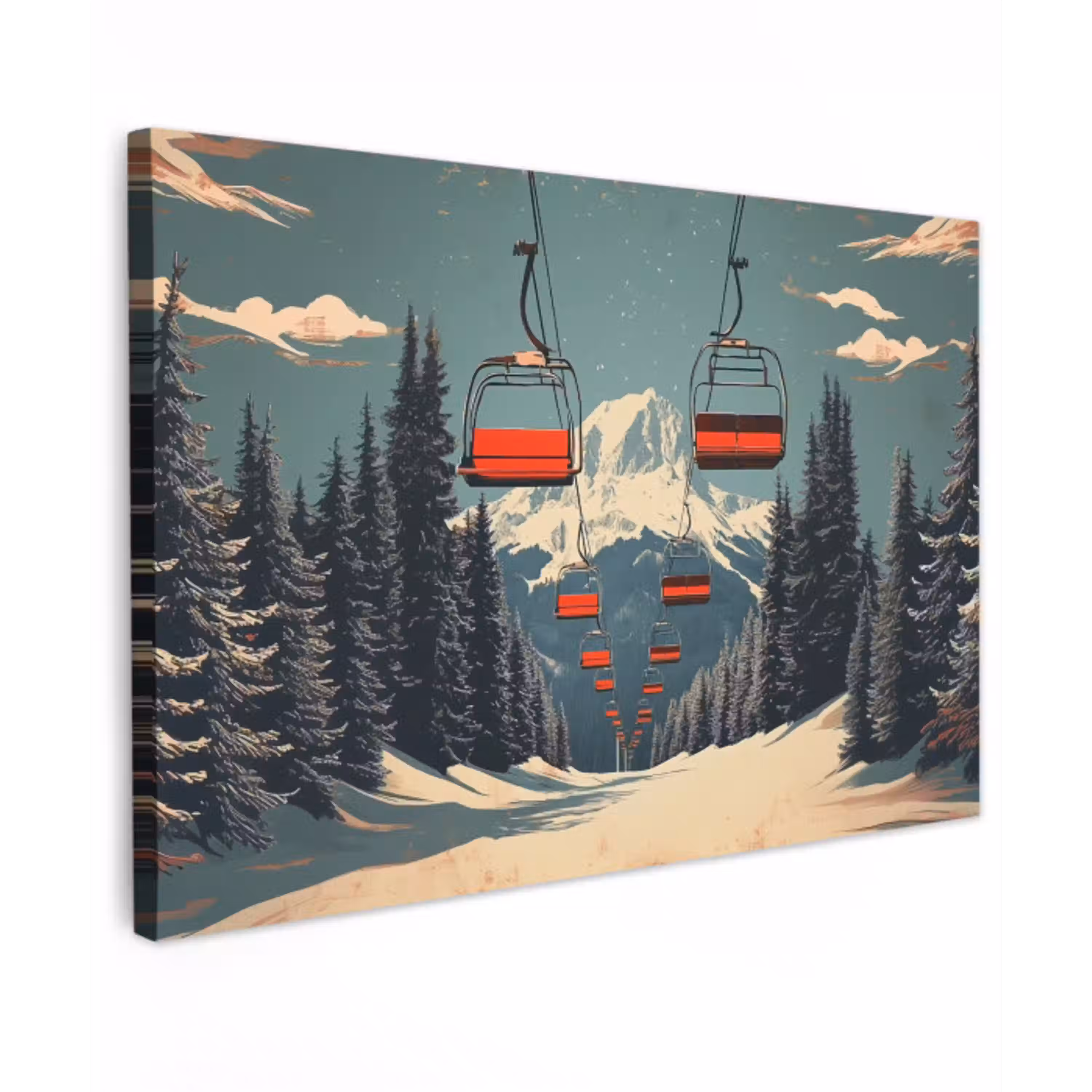 Sneeuw - Skilift - Rood - Bomen Tuinposter op houten frame 2 cm dik klein -3d