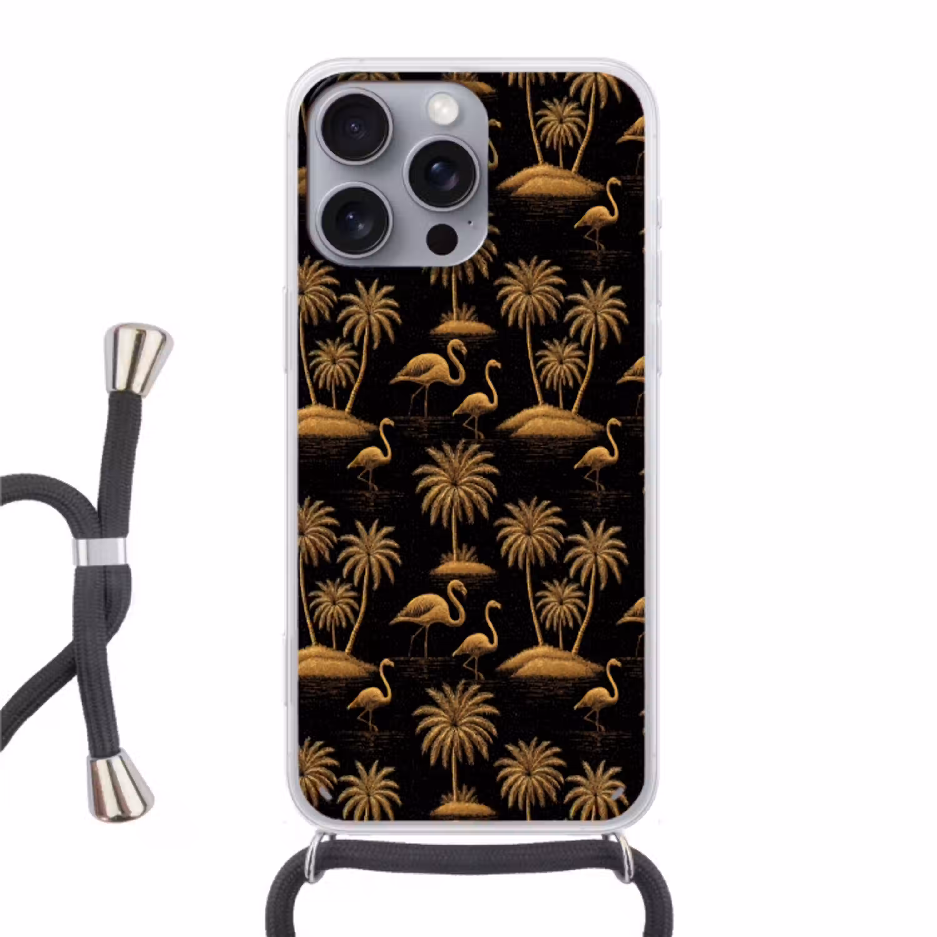 Flamingo - Palmbomen - Tropisch - Goud - Zwart Hoesje iPhone 16 Pro Max met koord klein 804 -3d