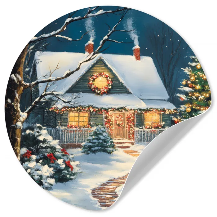 Kerst - Kerstboom - Winter - Huis - Sneeuw Wandcirkel behangsticker klein -3d