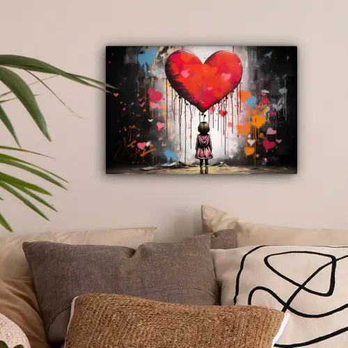 Meisje - Hart - Graffiti - Kunst - Kleuren - Rood canvas 2cm klein -sfeer1