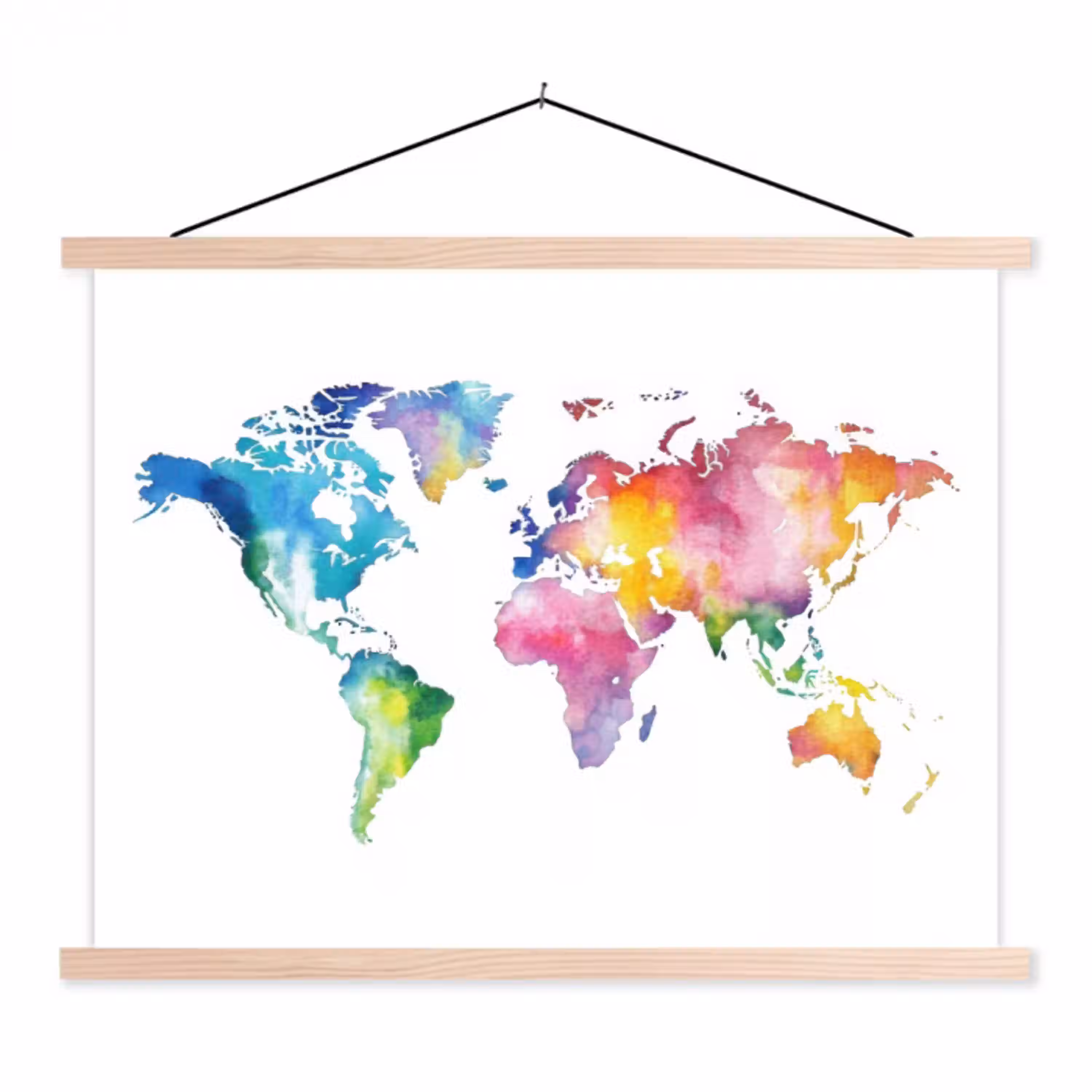 Wereldkaart - Regenboog - Aquarel textielposter latten blank klein -3d