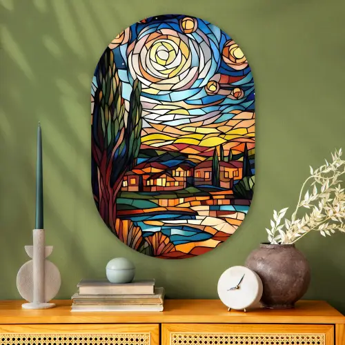 Hemel - Sterren - Mozaïek - Huizen Wandcirkel Ovaal Glas middel -sfeer2