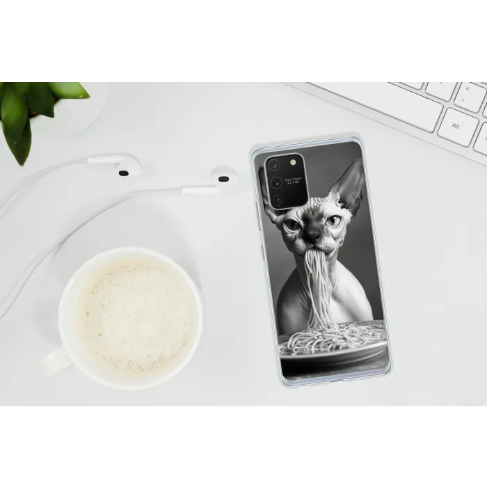 Sphynx - Kat - Dieren - Humor - Spaghetti - Zwart Wit Telefoonhoesje Samsung Galaxy S10 Lite klein -oordopS10Lite