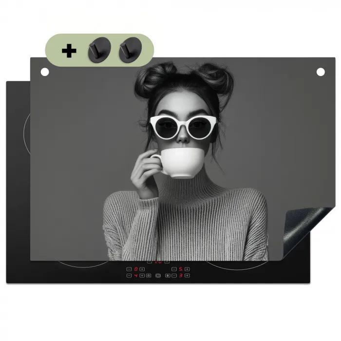 Vrouw - Koffie - Zwart - Wit Inductie beschemer met haakjes klein -3d