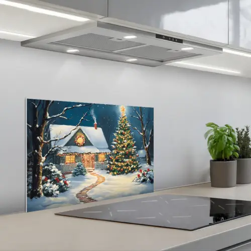 Kerst - Kerstboom - Winter - Huis - Sneeuw keuken achterwand spatscherm klein -3d_schuin