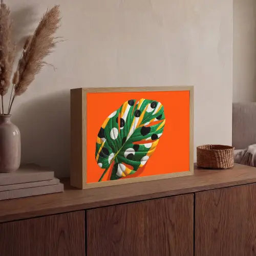 Blad - Oranje - Stippen - Kleurrijk Light Box met batterij (Wandlamp) middel -sfeer2