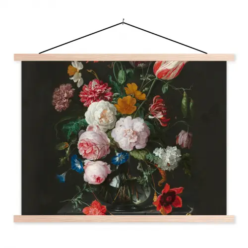 Stilleven met bloemen in een glazen vaas - Schilderij van Jan Davidsz. de Heem textielposter latten blank klein -3d