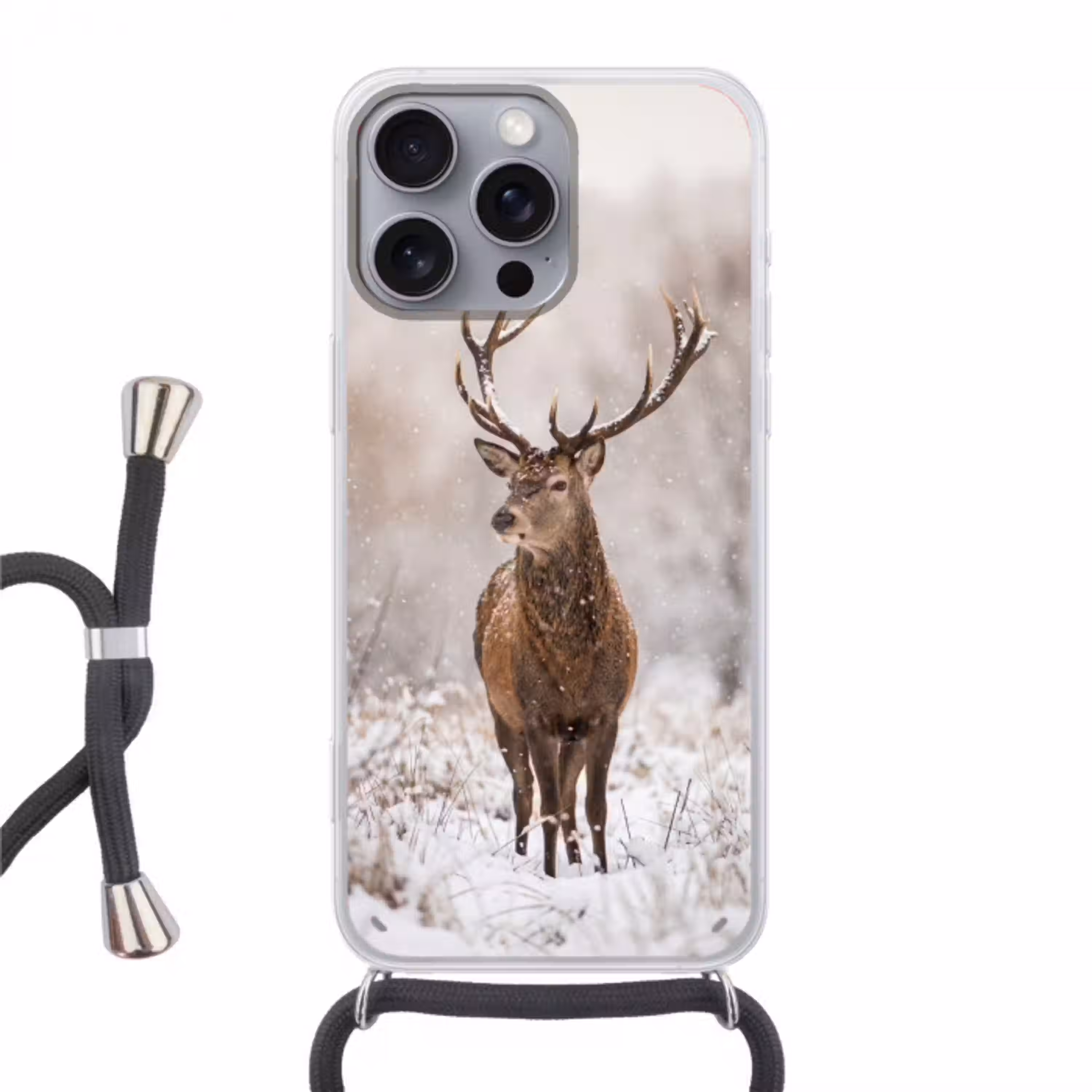 Edelhert - Bos - Sneeuw - Winter - Majestueus Hoesje iPhone 16 Pro Max met koord klein -3d