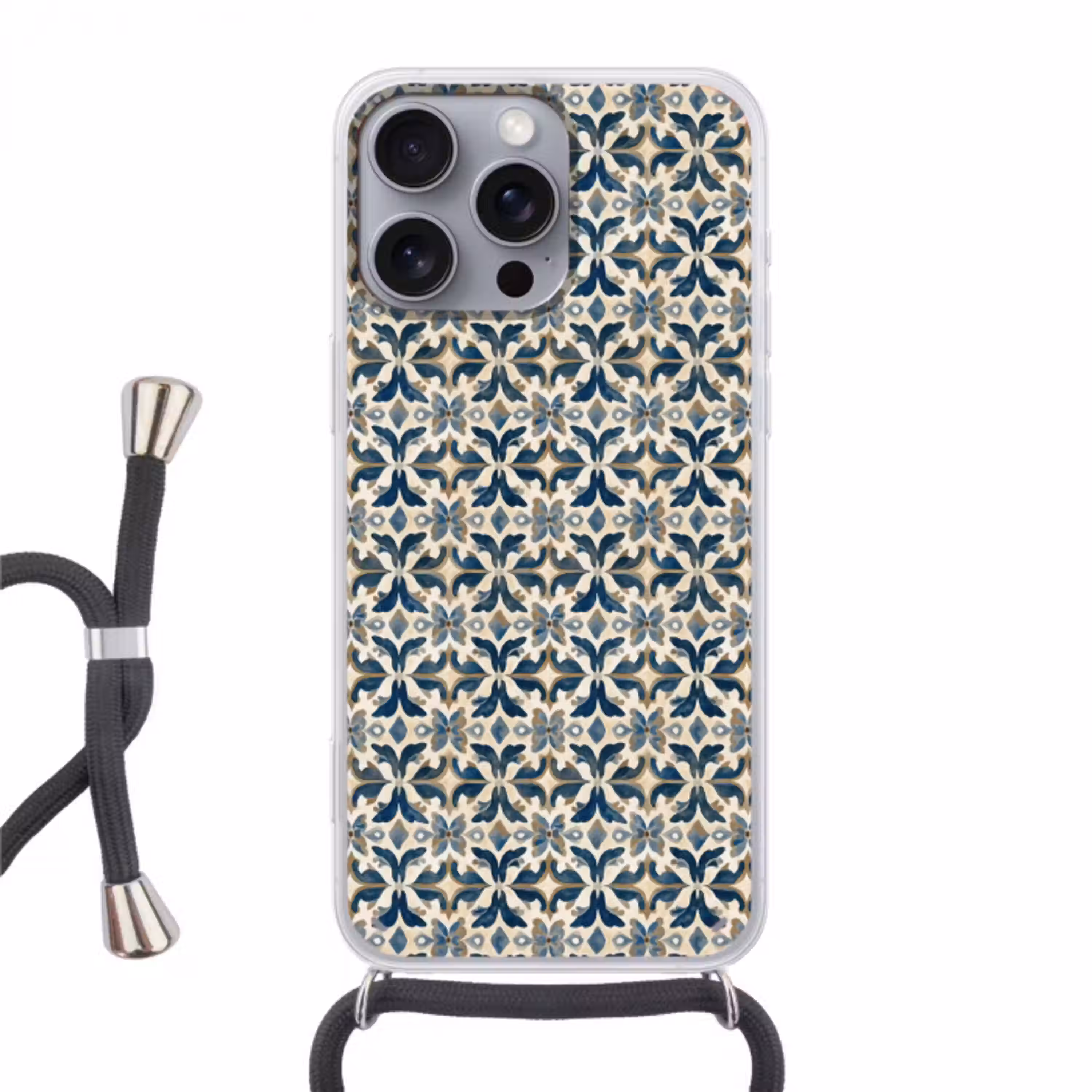 Tegel - Patroon - Blauw - Beige Hoesje iPhone 16 Pro Max met koord klein 804 -3d