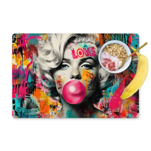 Vrouw - Kauwgom - Graffiti - Neonkleuren Placemat vinyl groot -zzzproduct_Kitchenyeah-website