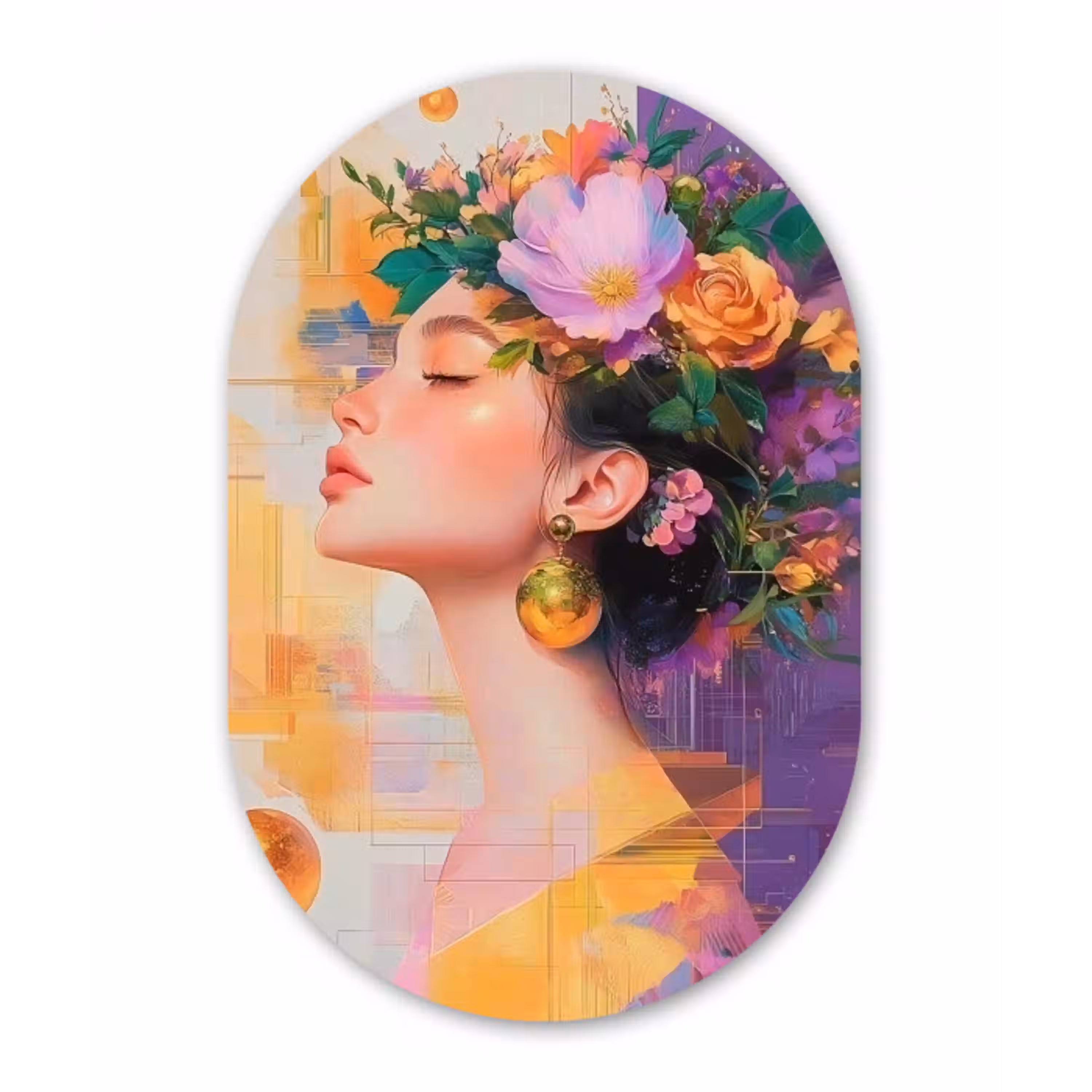 Abstract - Vrouw - Bloemenkroon - Goud Wandcirkel Ovaal Glas middel -3d