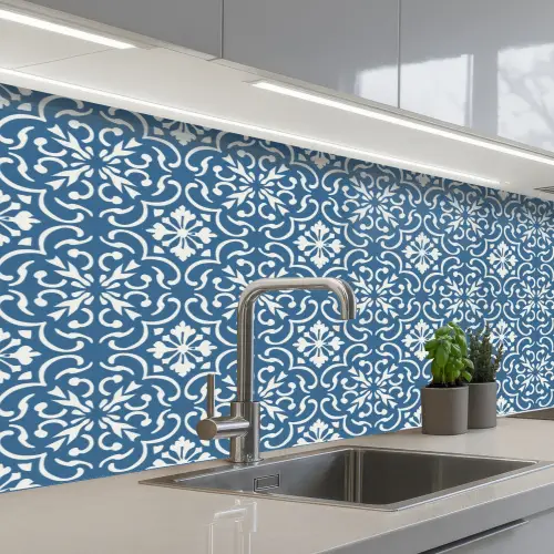 Tegel - Patroon - Blauw - Wit keuken achterwand 2 middel 871 -3d_schuin