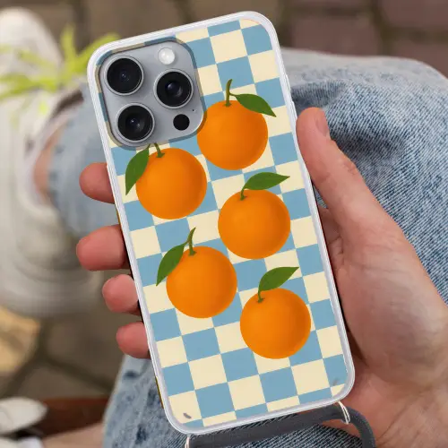 Sinaasappels - Blaadjes - Geblokt - Blauw Hoesje iPhone 16 Pro Max met koord klein -sfeer3