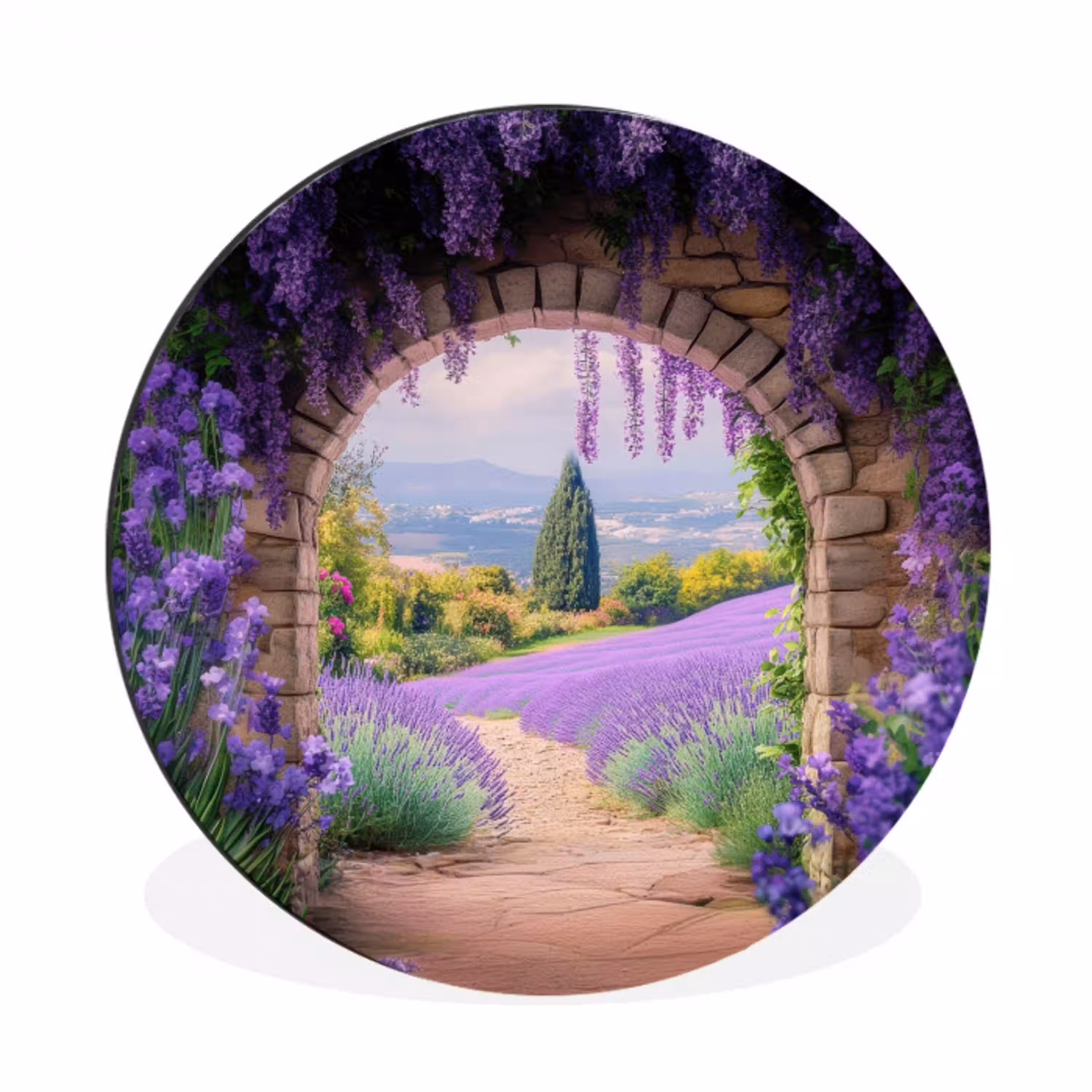 Doorkijk - Lavendel - Bloemen - Paars - Poort Wandcirkel aluminium klein -3d