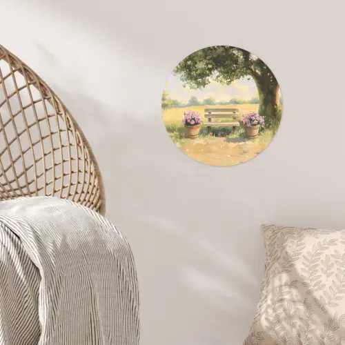 Houten bankje - Bloempotten - Landschap Wandcirkel behangsticker klein -sfeer4