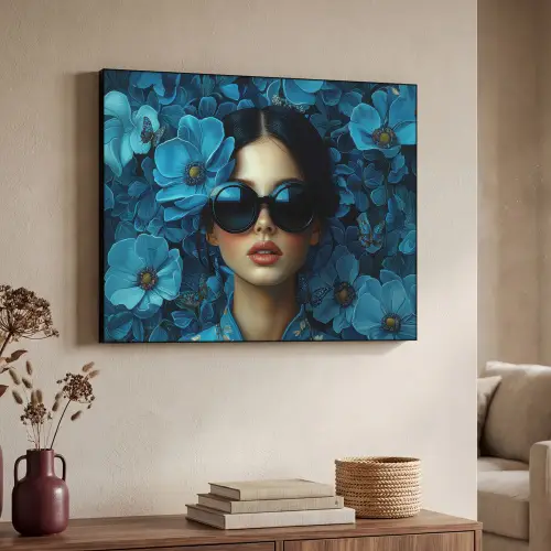 Vrouw - Bloemen - Blauw - Aesthetic - Luxe Textielframe zwart klein -sfeer3