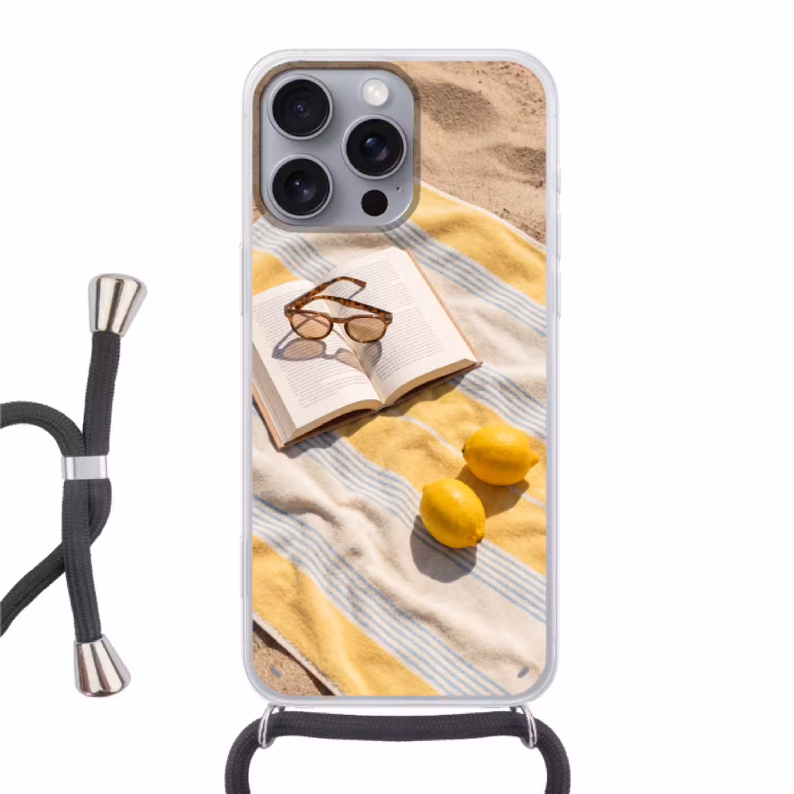 Boek - Zonnebril - Strand - Zomer - Geel Hoesje iPhone 16 Pro Max met koord klein -3d