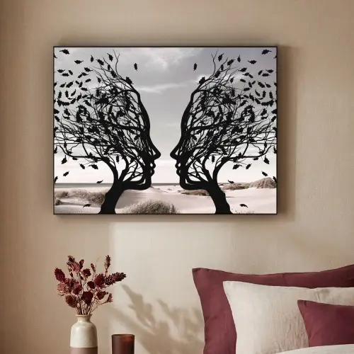 Bomen - Gezicht - Bladeren - Moderne kunst Textielframe zwart klein -sfeer1