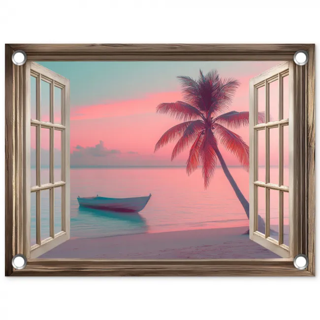 Doorkijk - Strand - Palmboom - Tropisch tuinposter los doek klein -3d