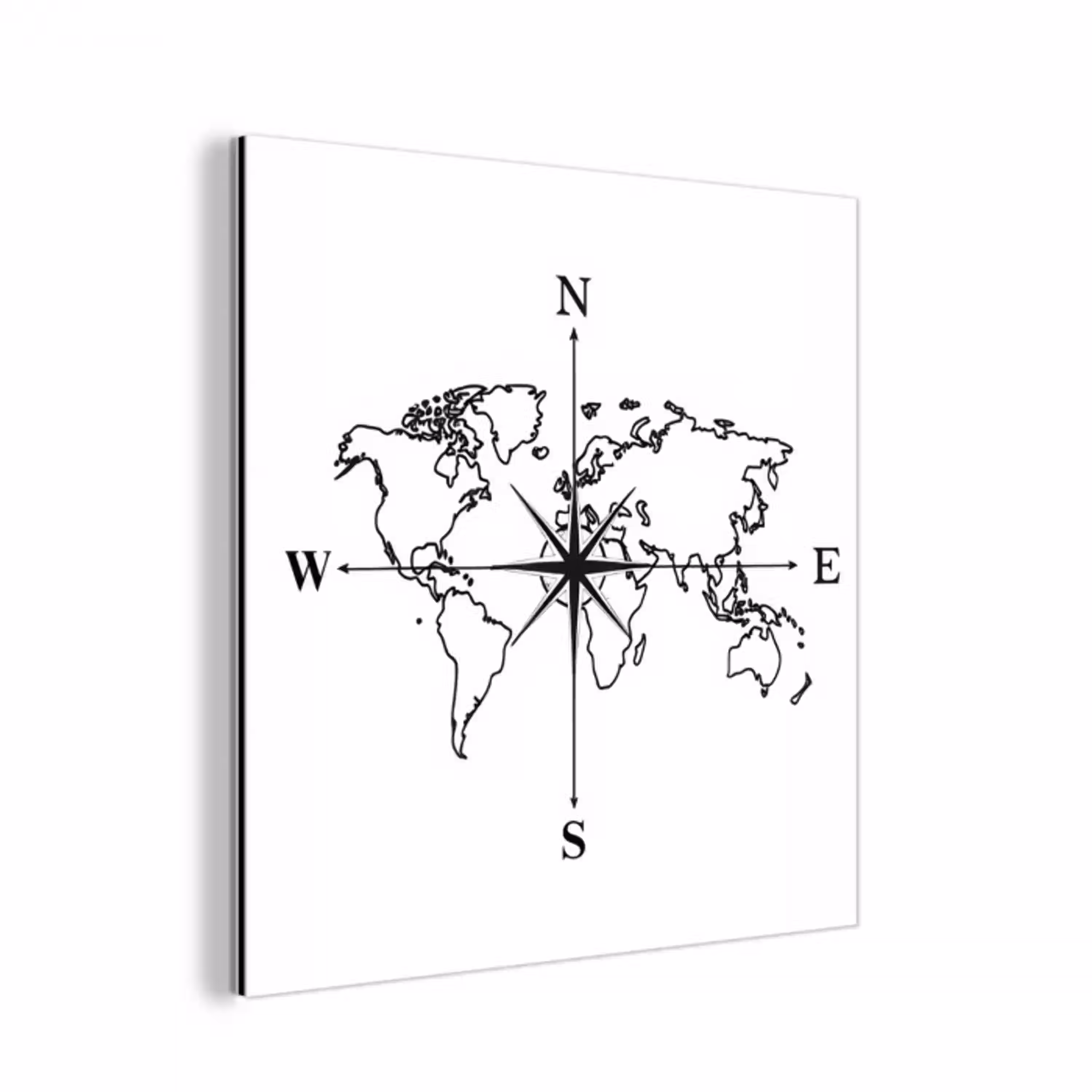 Wereldkaart - Windrichtingen - Kompas aluminium wit klein -3d