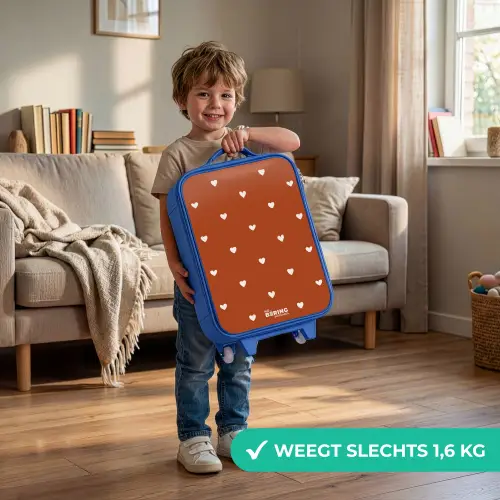 Wit hartjespatroon op oranje bruine achtergrond Kinderkoffer - Blauw klein -sfeer2_NL