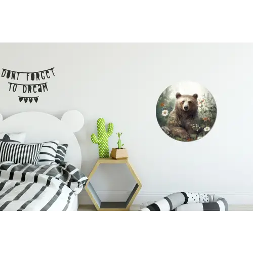 Bruine beer - Wilde dieren - Bloemen - Planten Wandcirkel aluminium klein -kinderkamer