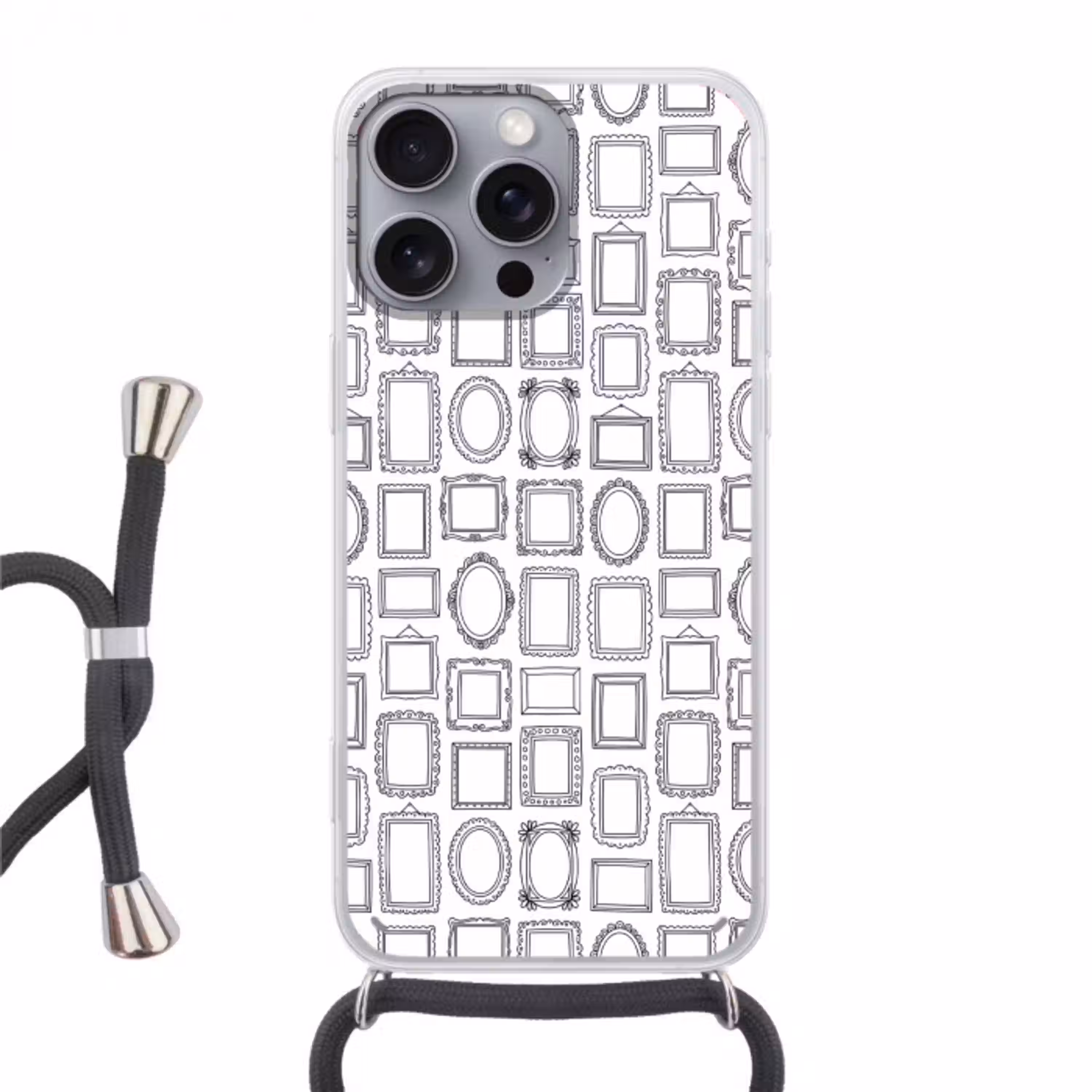 Lijsten - Patroon - Decoratie - Schets - Zwart-wit Hoesje iPhone 16 Pro Max met koord klein -3d