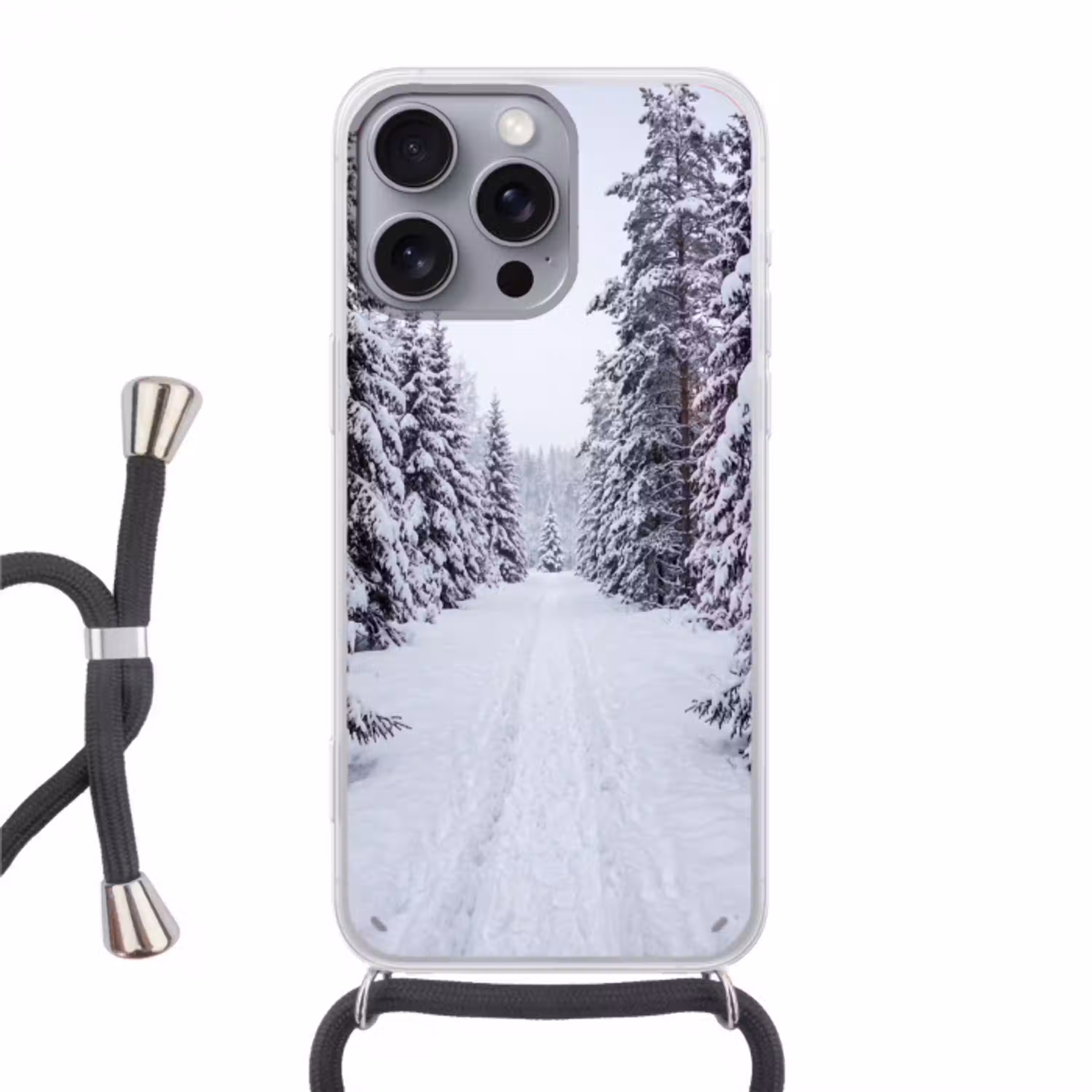 Bos - Winter - Sneeuw - Pad - Natuur Hoesje iPhone 16 Pro Max met koord klein -3d