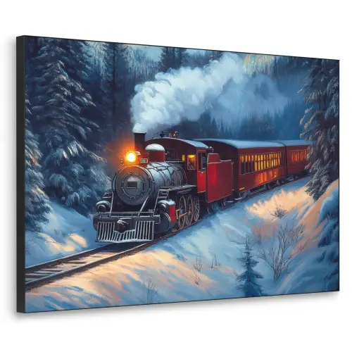 Trein - Kerst - Sneeuw - Kersttrein Textielframe zwart klein -3d