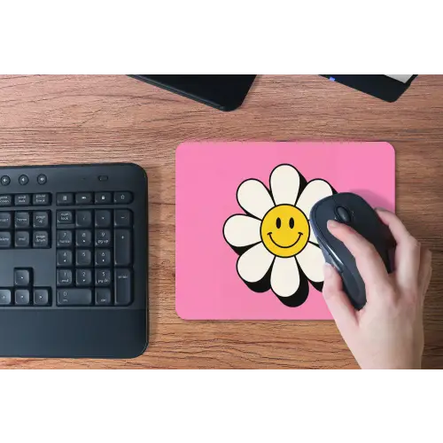 Smiley - Bloem - Roze muismat rubber klein -toetsenbord