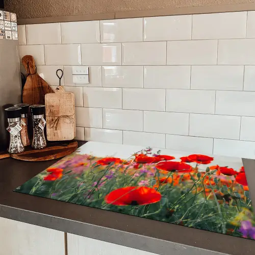 Klaproos - Bloemen - Rood - Paars - Weide Inductie beschermer vinyl 3mm klein -sfeer3