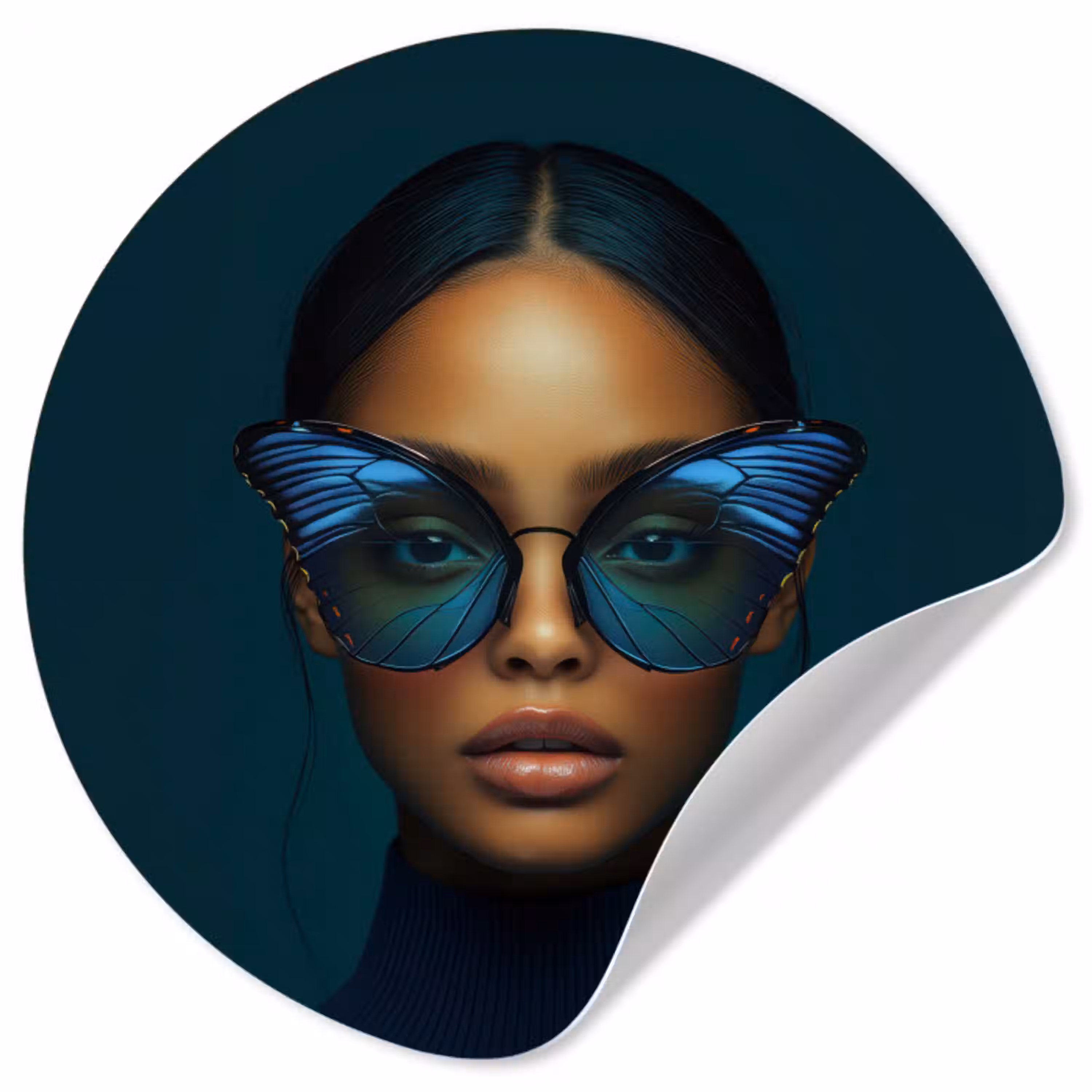 Vrouw - Vlinder - Bril - Blauw - Modern - Portret Wandcirkel behangsticker klein -3d