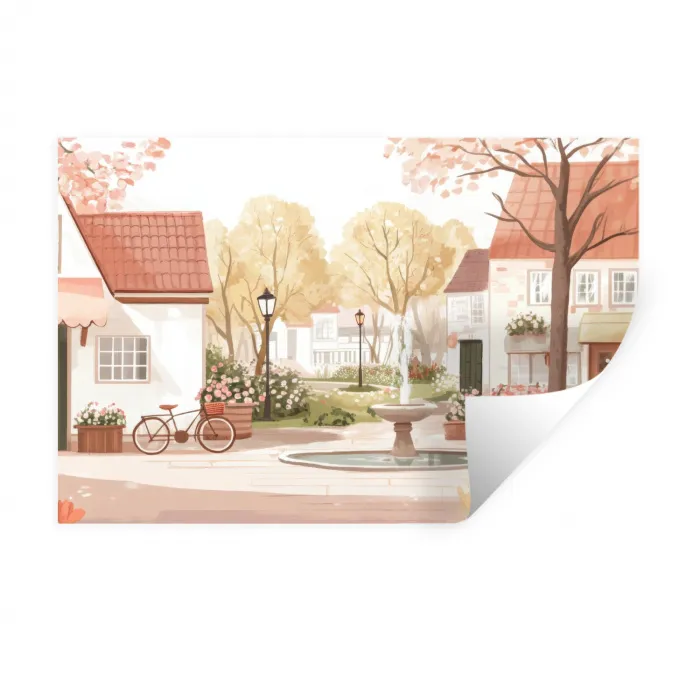 Dorpsplein - Fontein - Tulpen Muursticker klein -3d