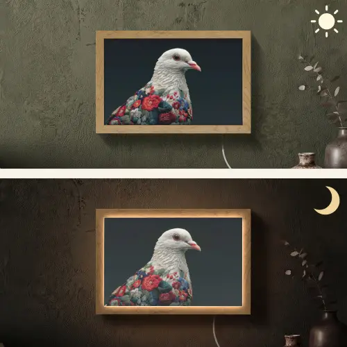 Duif - Bloemen - Wit - Zwart Light Box met kabel (Wandlamp) klein -sfeer3
