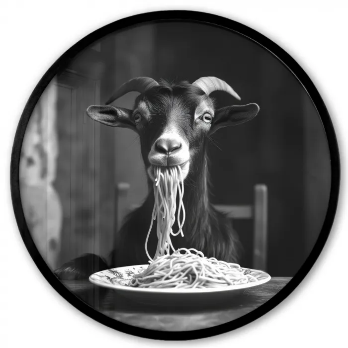 Geit - Bord - Spaghetti - Zwart Wit Fotolijst rond zonder passe partout klein -3d