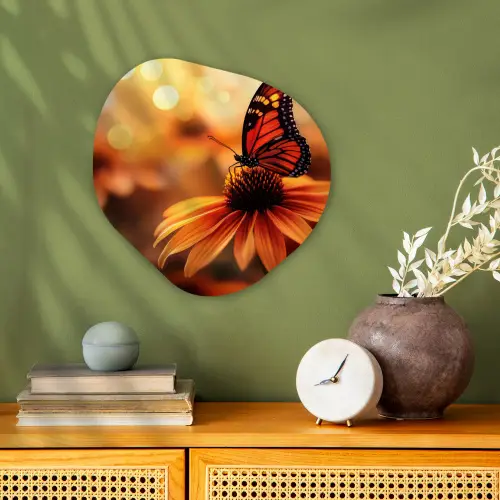 Vlinder - Bloemen - Oranje Wandcirkel Organisch Forex 3mm klein -sfeer2