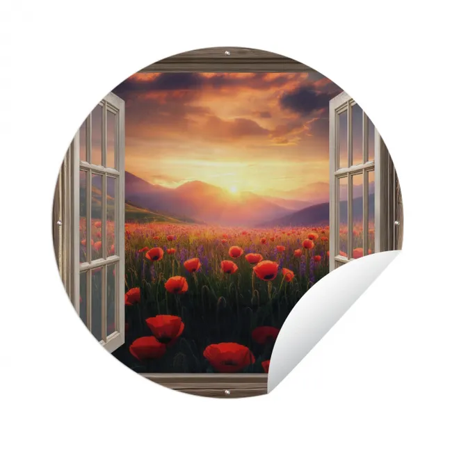Doorkijk - Klaprozen - Bloemen - Rood - Open raam Wandcirkel tuinposter met ringen klein -3d