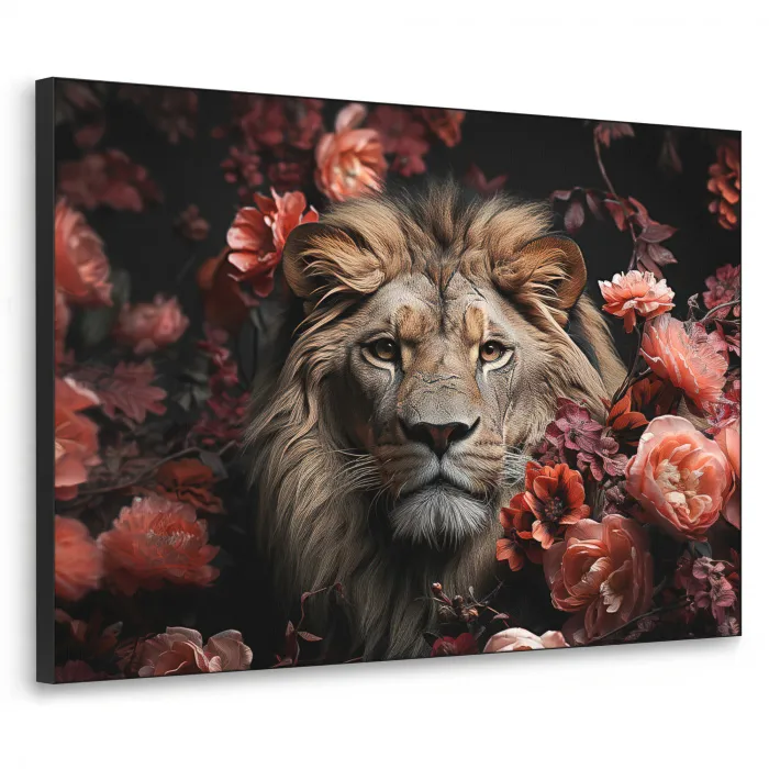Leeuw - Dier - Natuur - Botanisch - Bloemen - Roze Textielframe zwart klein -3d