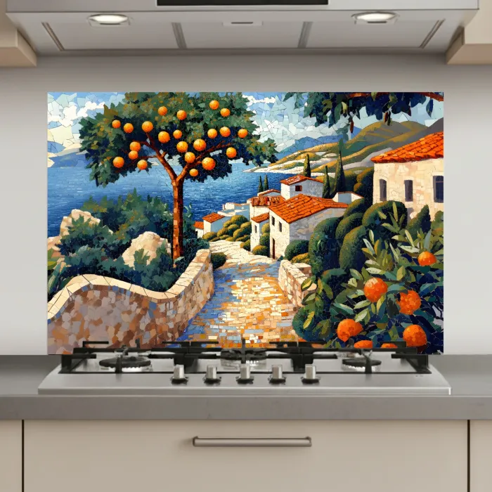 Huizen - Mozaïek - Sinaasappelbomen - Zee keuken achterwand spatscherm klein -3d_website