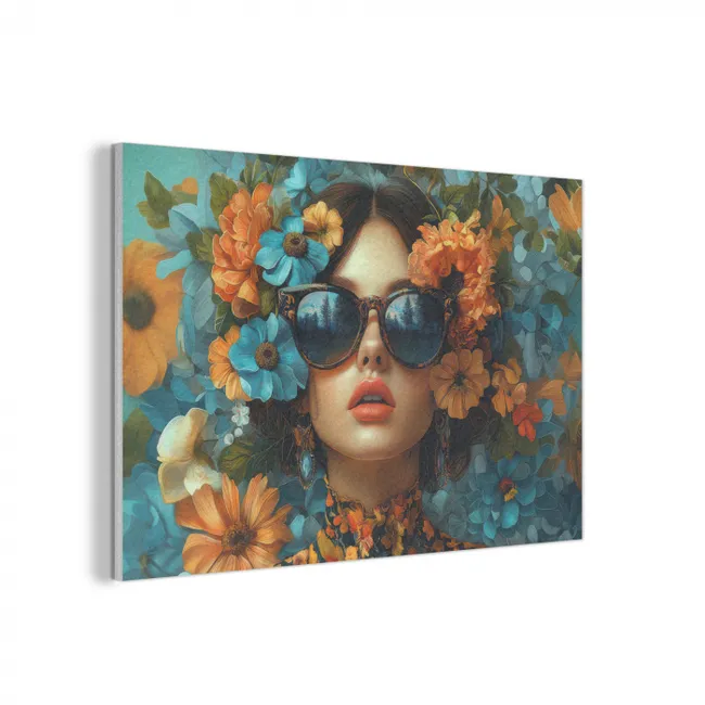 Akoestisch schilderij - Vrouw - Bloemen - Oranje - Blauw - Modern