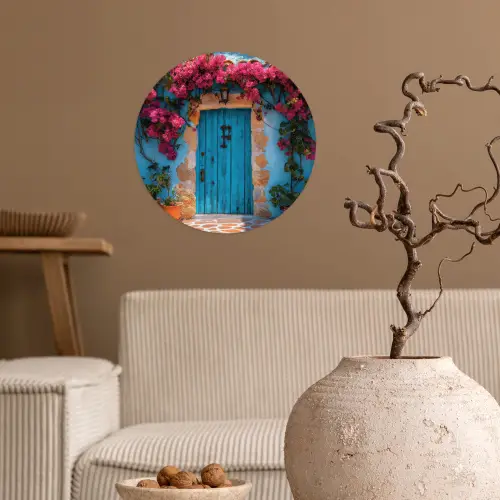 Deur - Hout - Bloemen - Blauw Wandcirkel behangsticker klein -sfeer1
