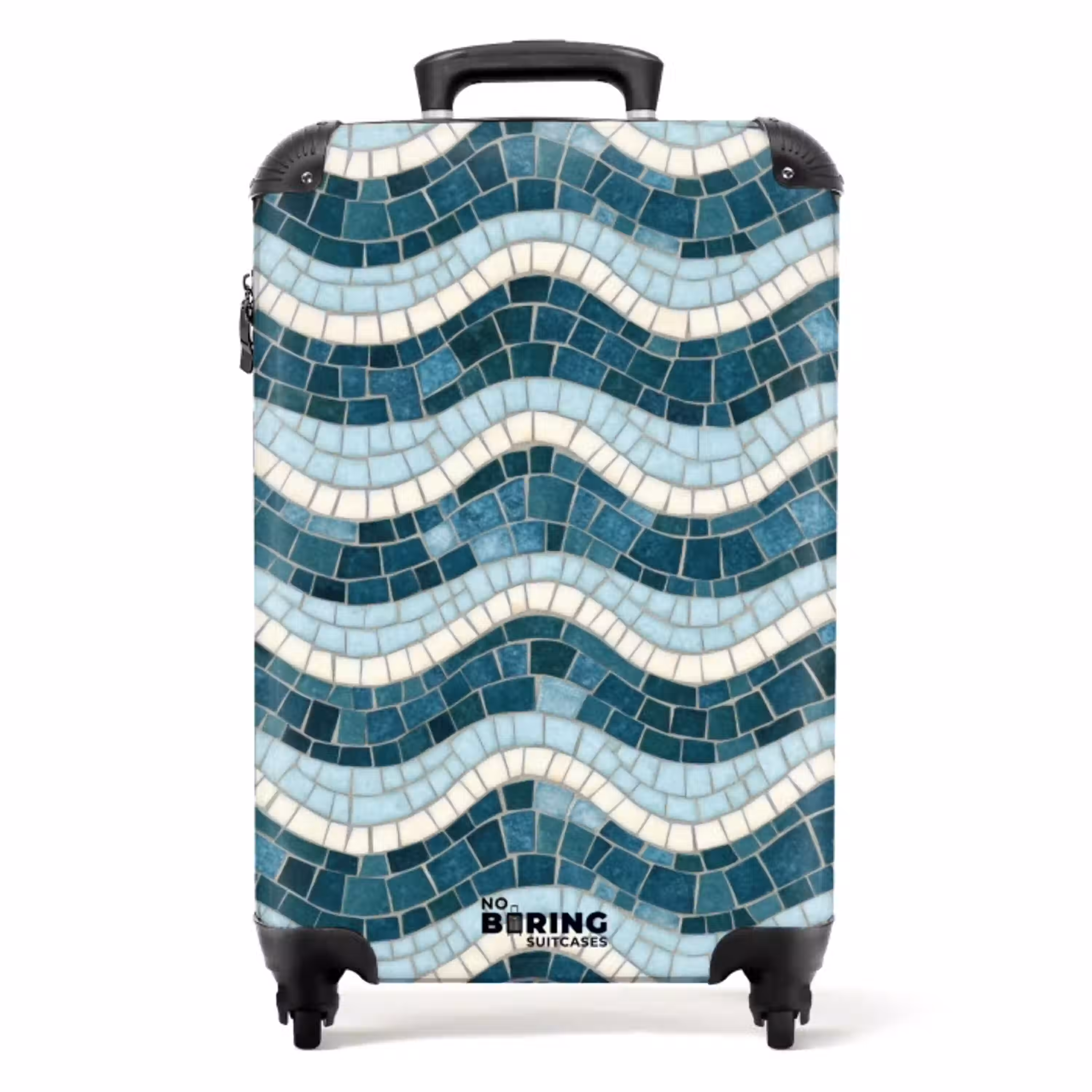 Blauw - Wit - Mozaïek - Golvend NBS - Handbagage koffer - Volwassenen Unisex middel -productfoto_recht