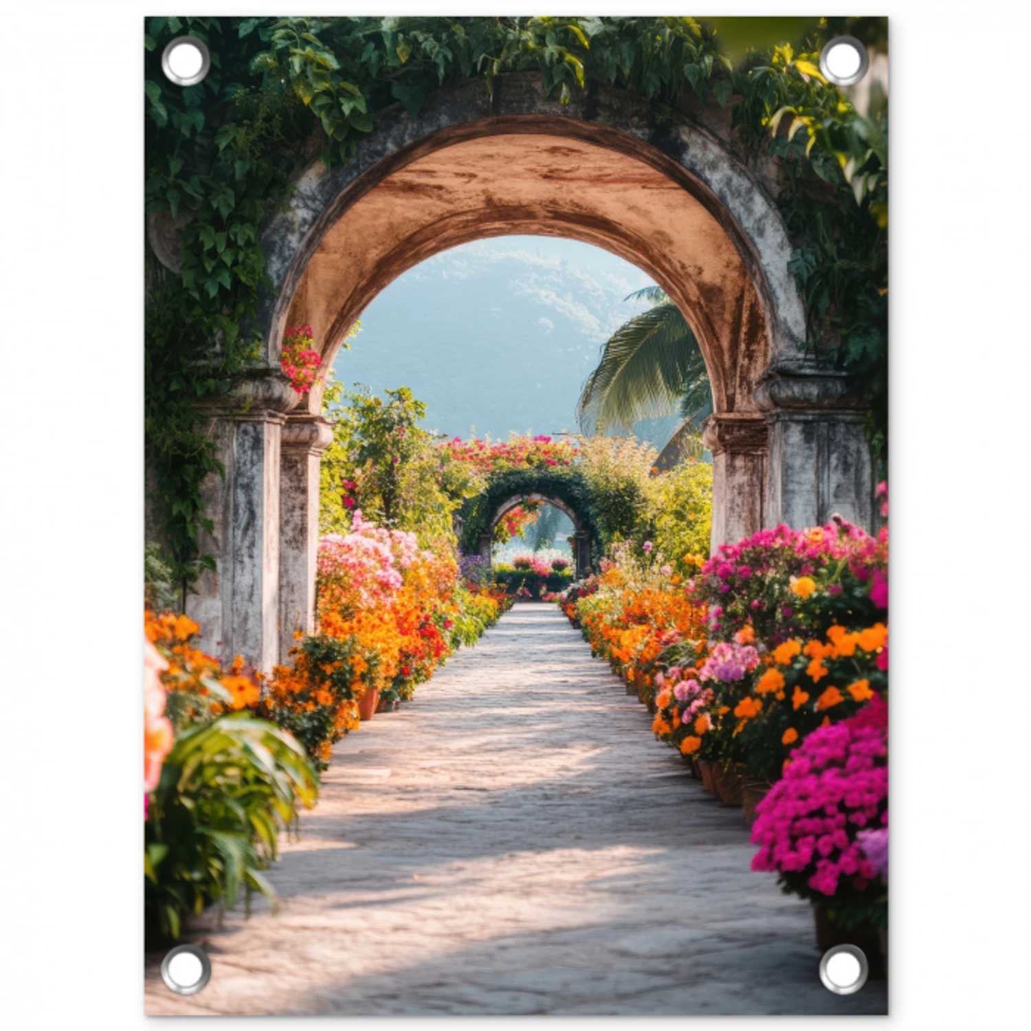 Doorkijk - Bloemen - Tropisch - Kleurrijk tuinposter los doek klein -3d