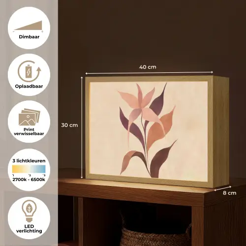 Minimalistisch - Bloem - Bladeren - Beige Light Box met batterij (Wandlamp) middel -USP_websiteoverzichtNL