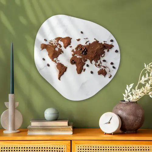 Wereldkaart - Koffie - Marmer Wandcirkel Organisch Plexiglas middel -sfeer2
