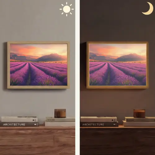 Lavendelveld - Zonsondergang - Paars Light Box met batterij (Wandlamp) middel -sfeer3