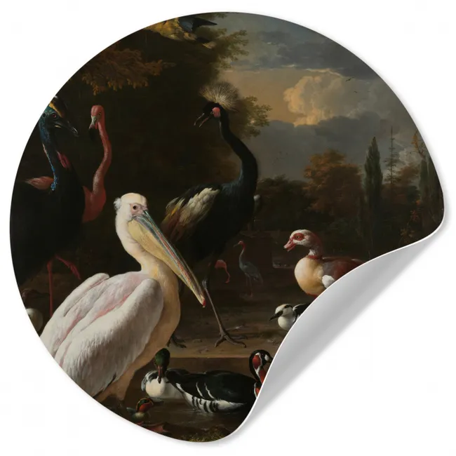 Een pelikaan en ander gevogelte bij een waterbassin - Schilderij van Melchior d'Hondecoeter Wandcirkel behangsticker klein -3d